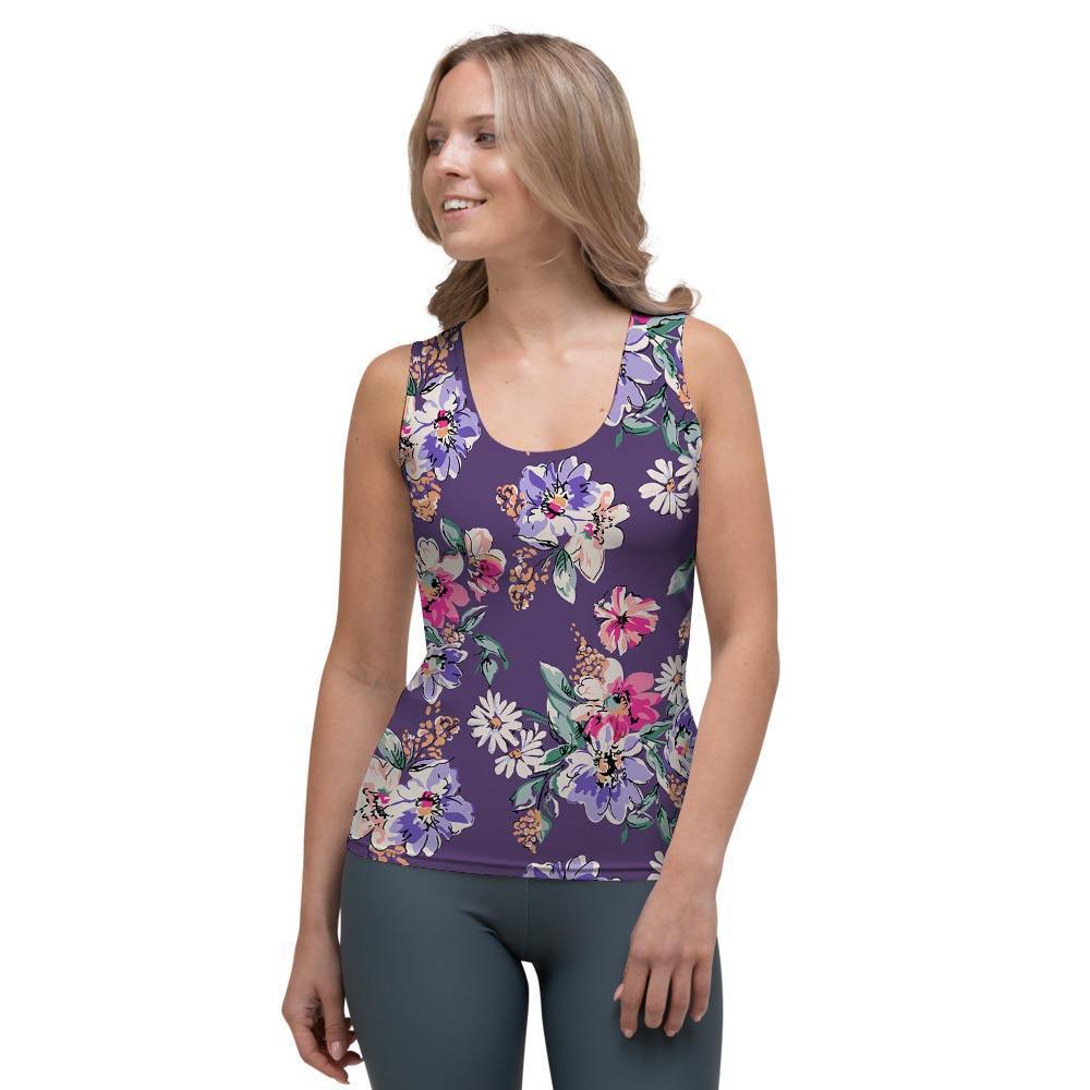 Purple Floral Print Women's Tank Top-grizzshop