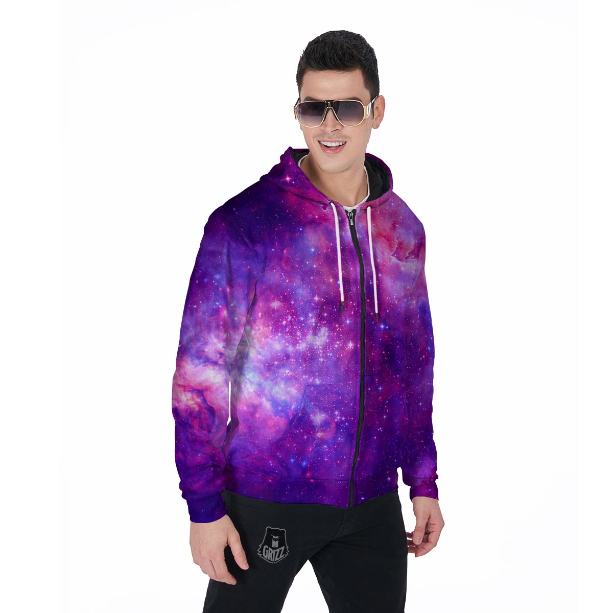Purple Galaxy Space Men's Zip Up Hoodie-grizzshop