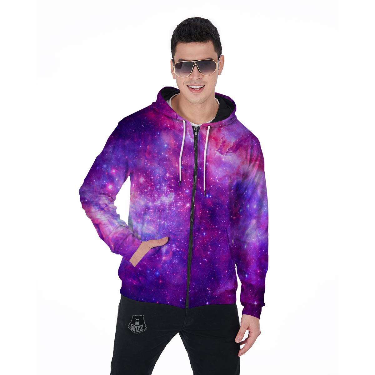 Purple Galaxy Space Men's Zip Up Hoodie-grizzshop
