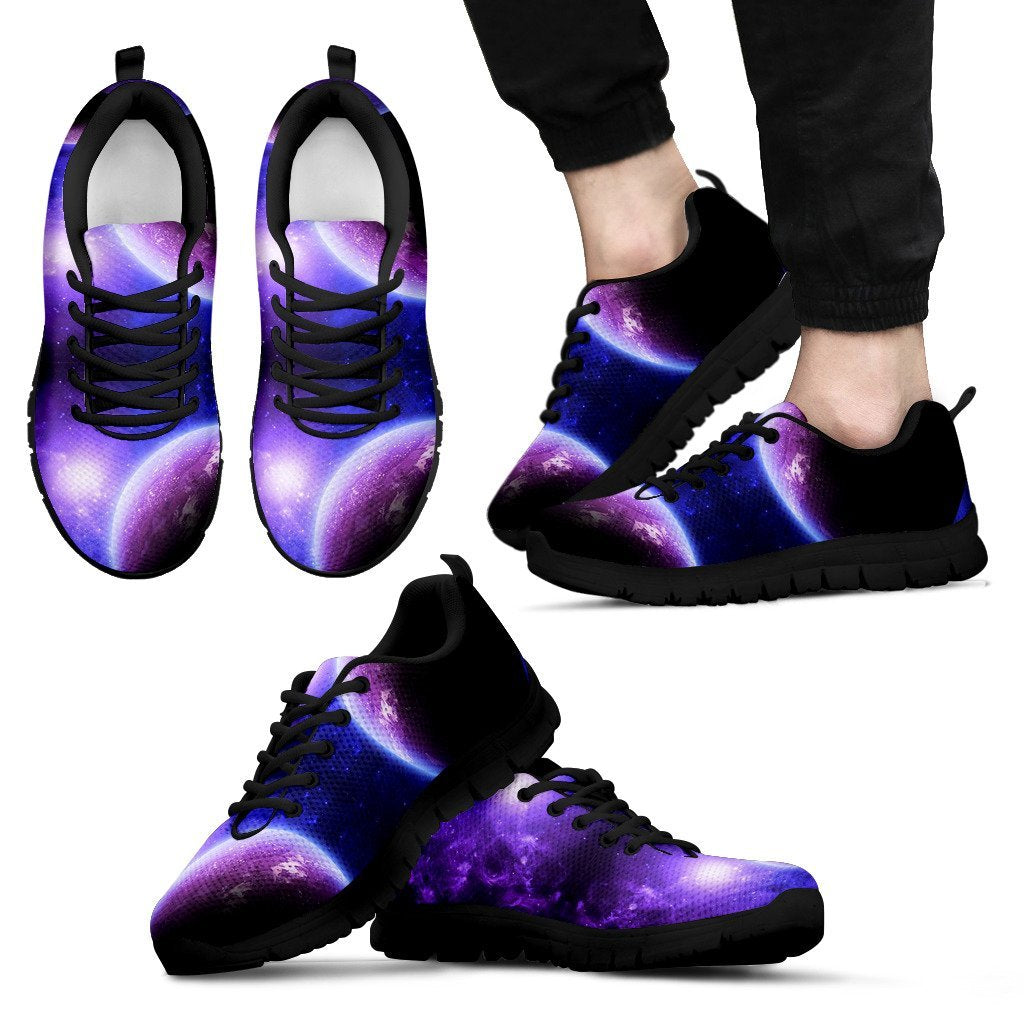 Purple Galaxy Space Moon Earth Print Black Sneaker Shoes For Men Women-grizzshop