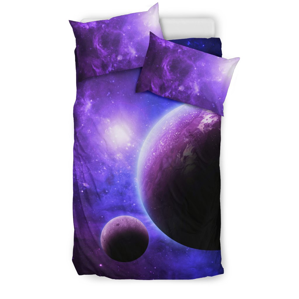 Purple Galaxy Space Moon Earth Print Duvet Cover Bedding Set-grizzshop