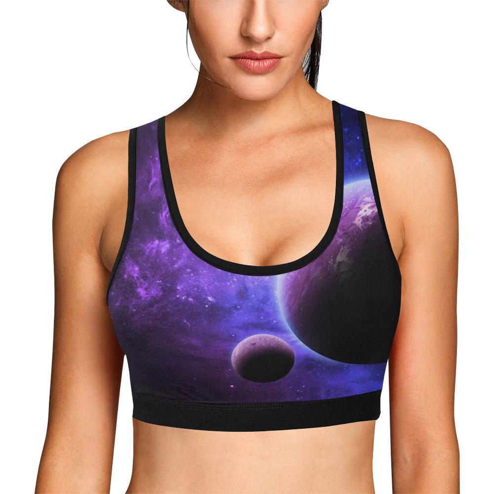 Purple Galaxy Space Moon Earth Print Women Sports Bra-grizzshop