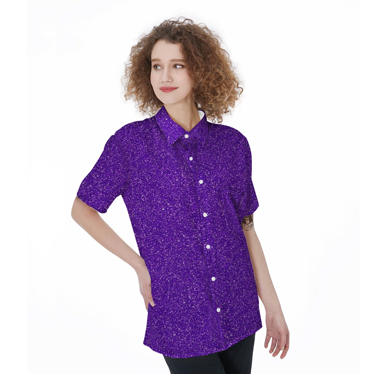 Purple Glitter Texture Print Women's Short Sleeve Shirts-grizzshop