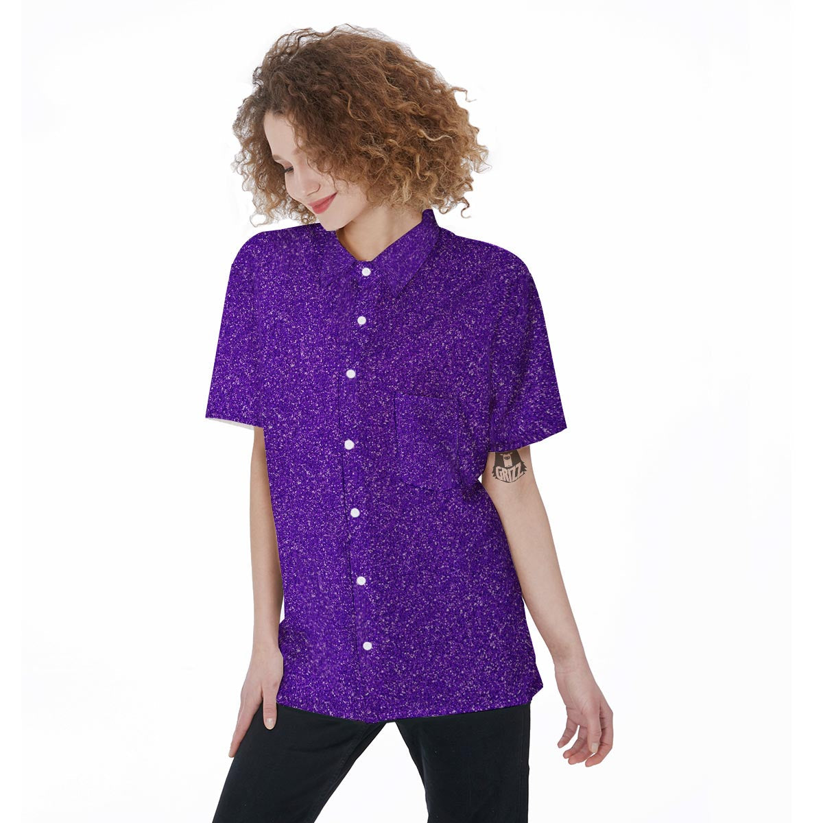 Purple Glitter Texture Print Women's Short Sleeve Shirts-grizzshop