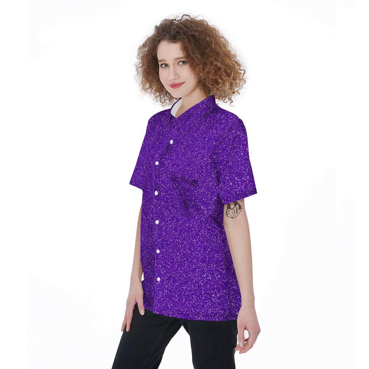 Purple Glitter Texture Print Women's Short Sleeve Shirts-grizzshop