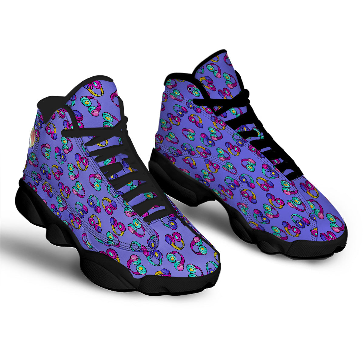 Purple Headphones Print Pattern Black Basketball Shoes-grizzshop