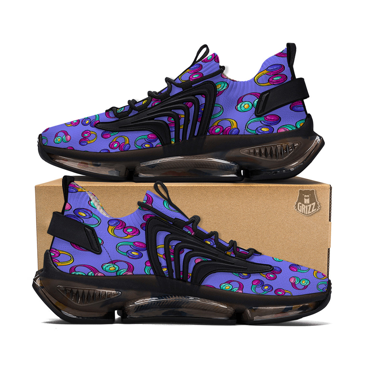 Purple Headphones Print Pattern Black Gym Shoes-grizzshop