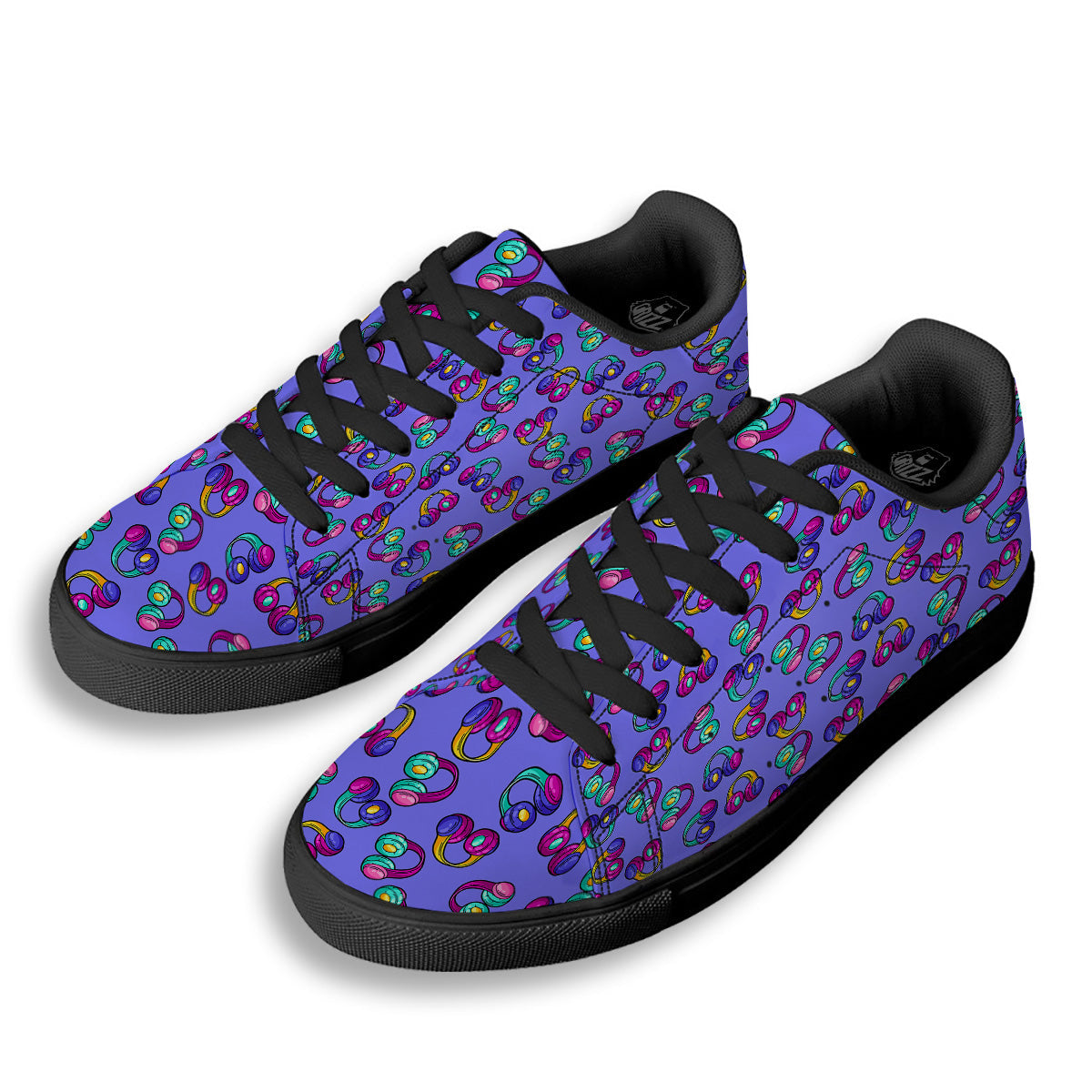 Purple Headphones Print Pattern Black Low Top Sneakers-grizzshop
