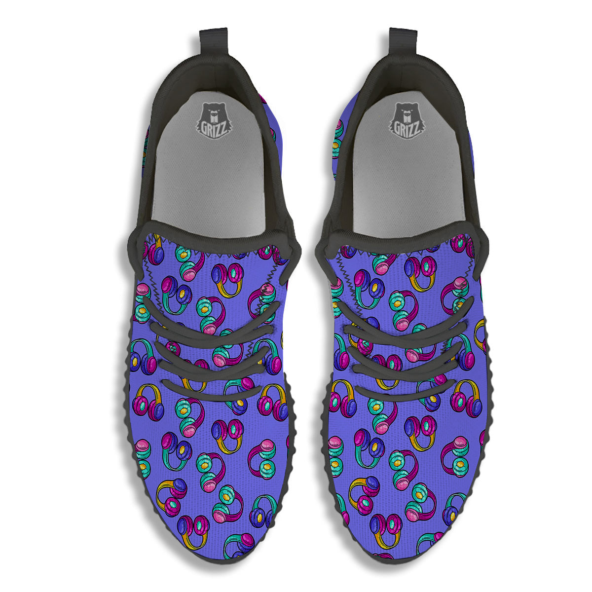 Purple Headphones Print Pattern Black Walking Shoes-grizzshop