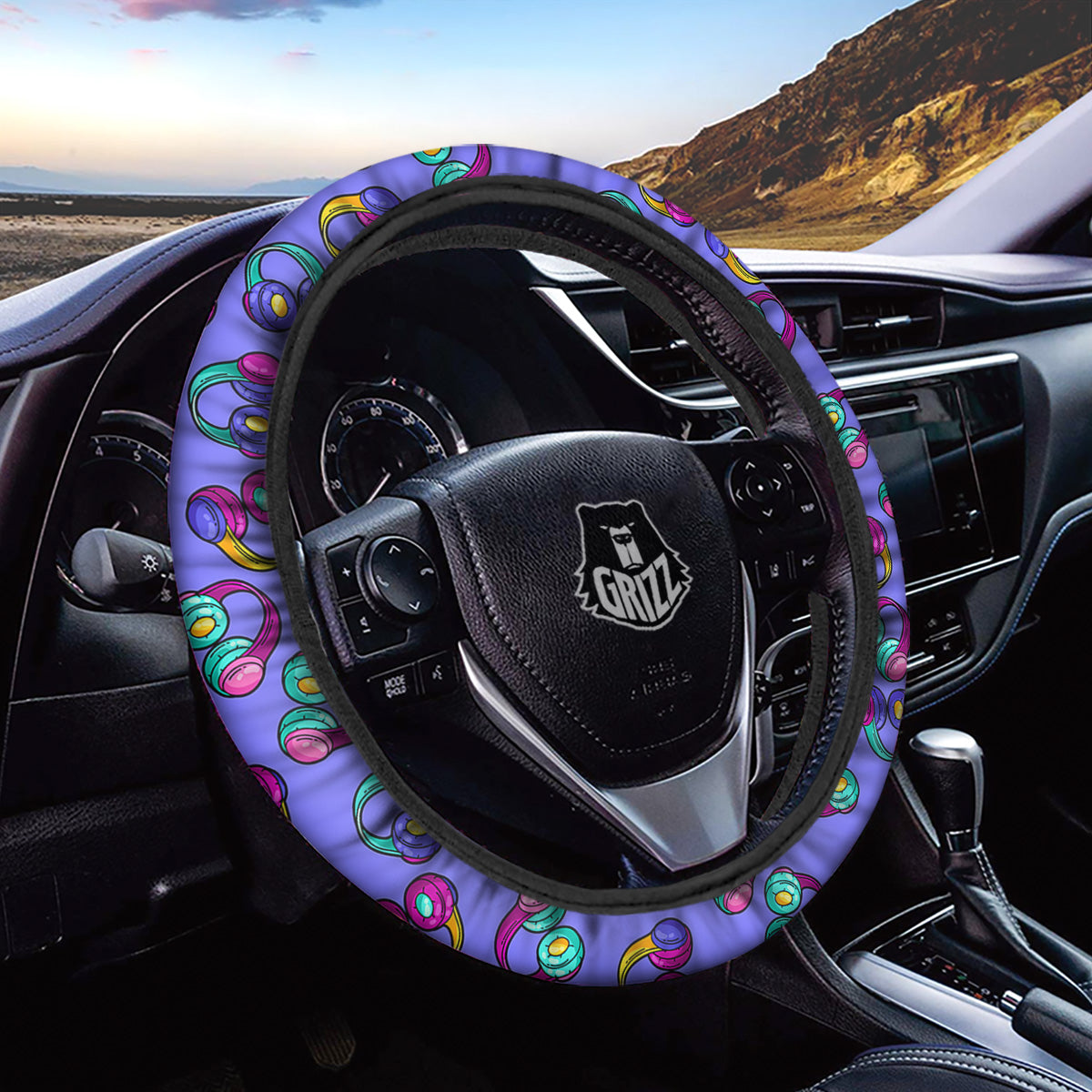 Purple Headphones Print Pattern Car Steering Wheel Cover-grizzshop