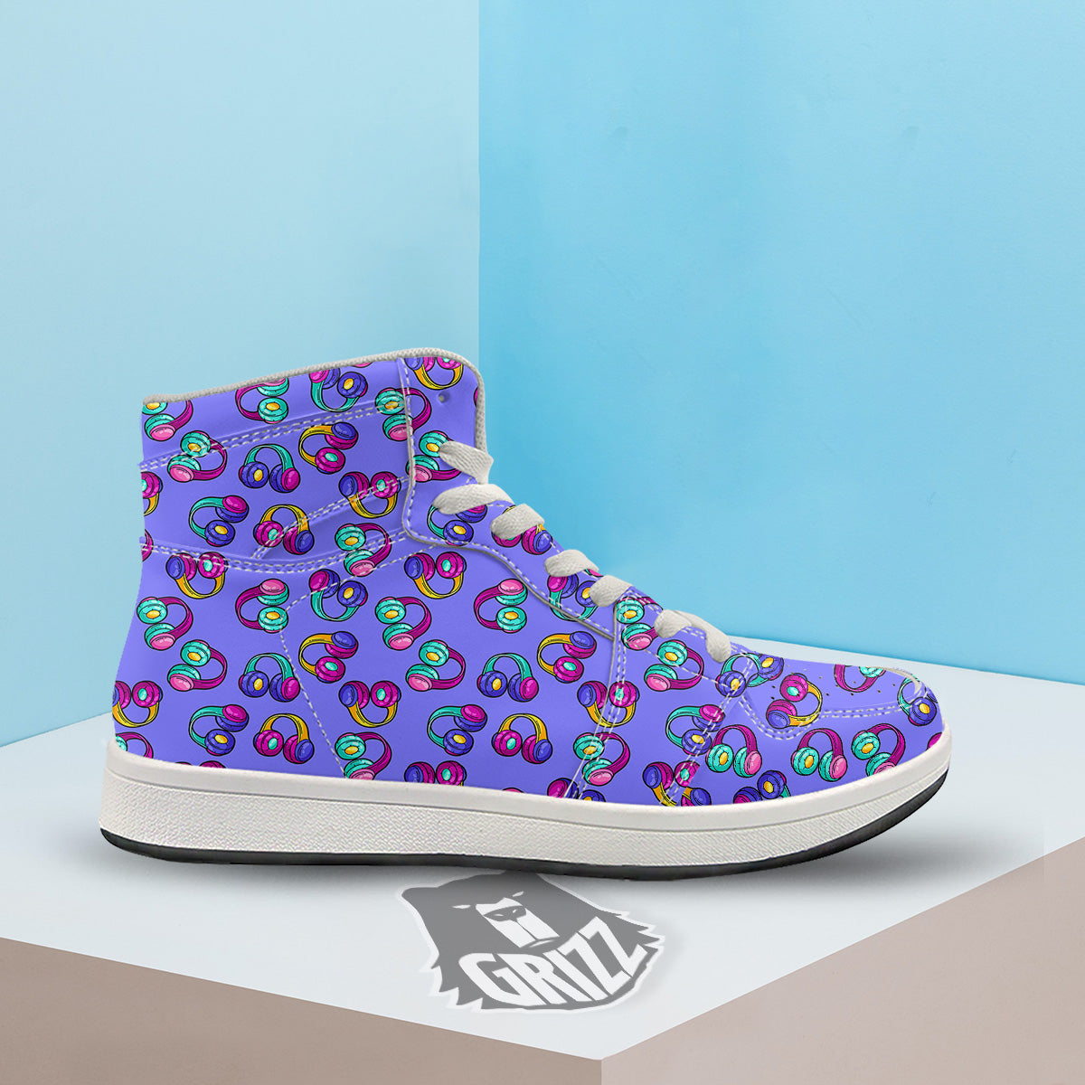 Purple Headphones Print Pattern High Top Sneakers-grizzshop