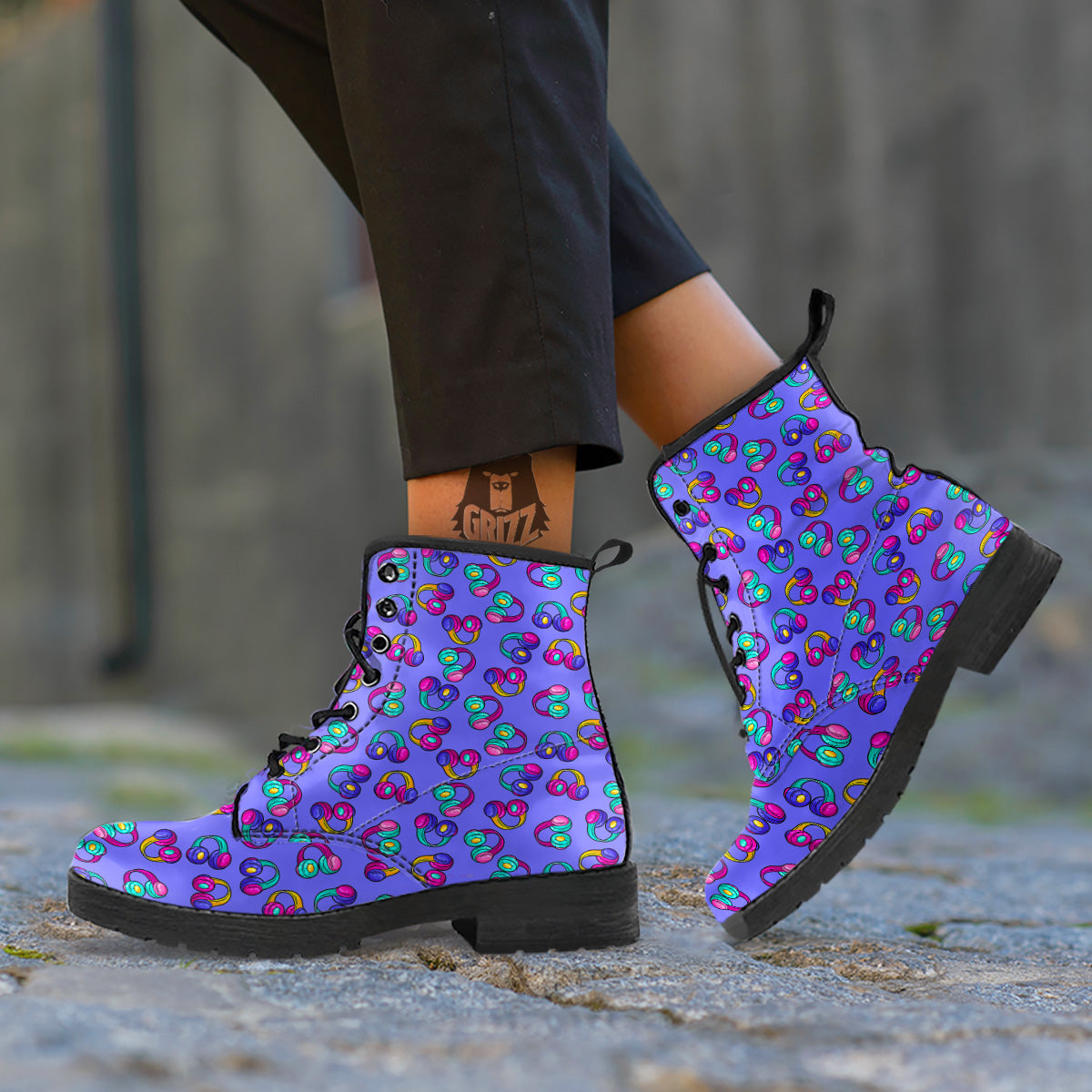Purple Headphones Print Pattern Leather Boots-grizzshop