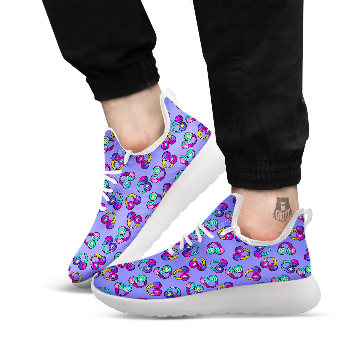 Purple Headphones Print Pattern White Athletic Shoes-grizzshop