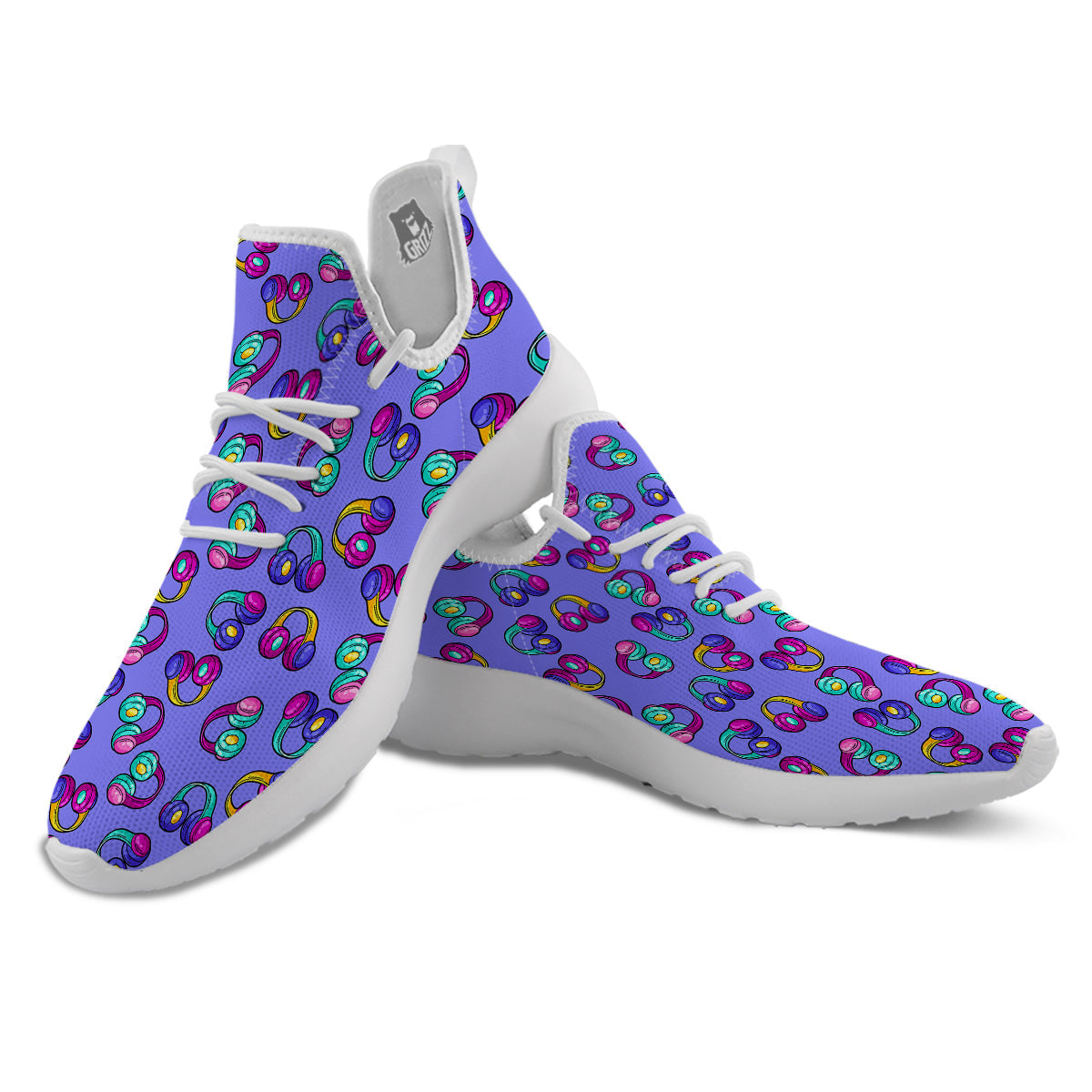 Purple Headphones Print Pattern White Athletic Shoes-grizzshop