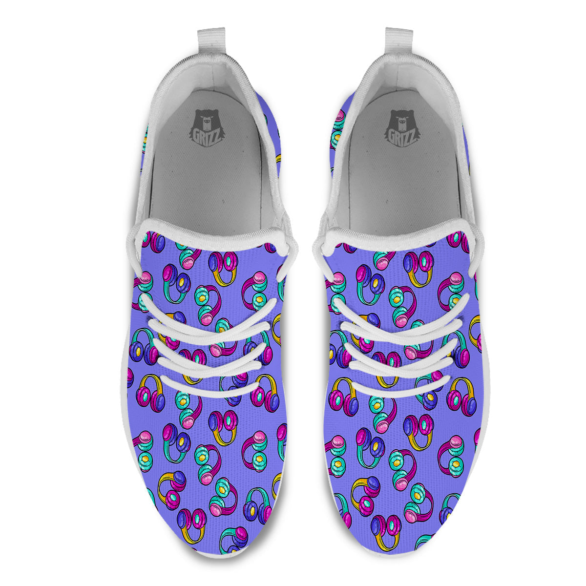 Purple Headphones Print Pattern White Athletic Shoes-grizzshop