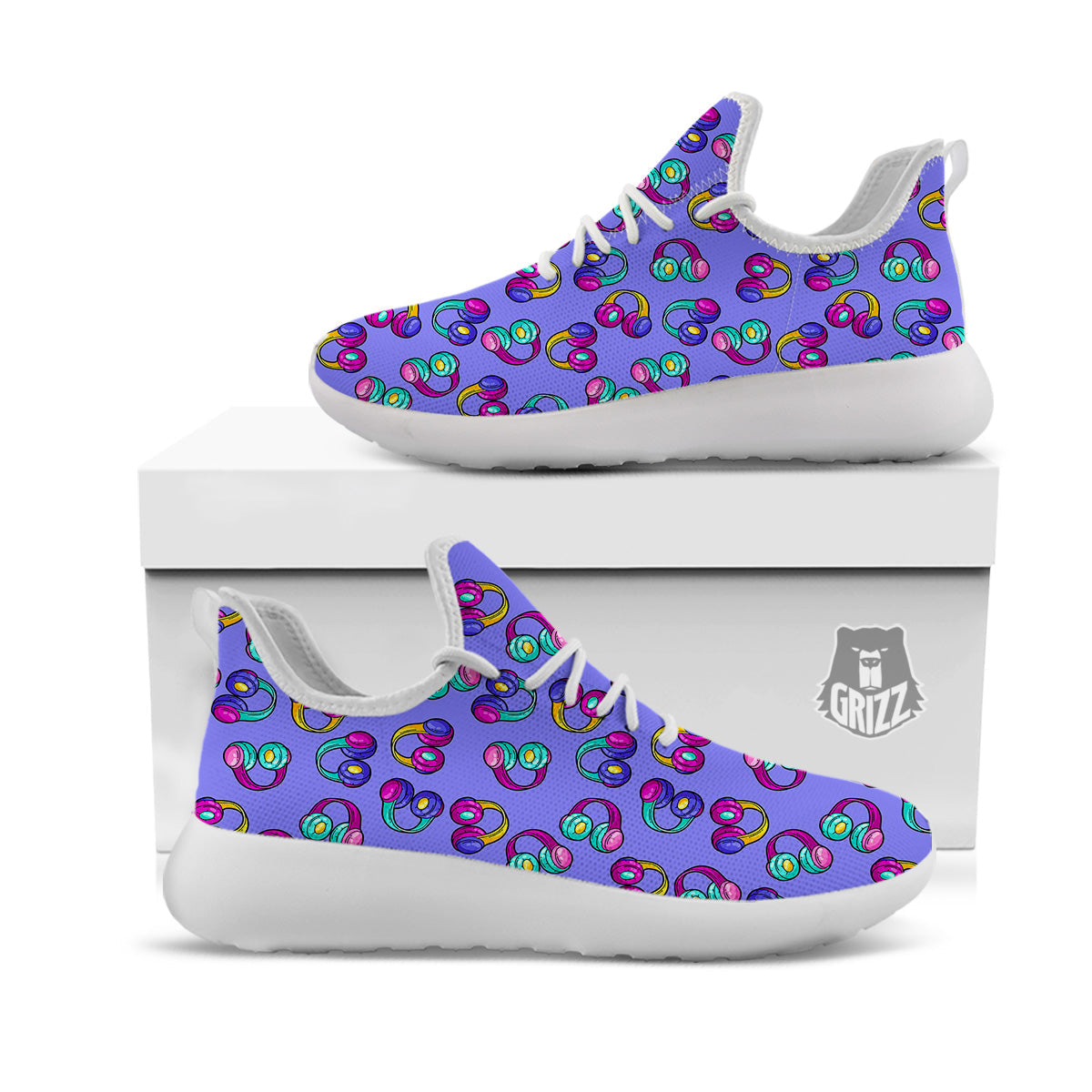 Purple Headphones Print Pattern White Athletic Shoes-grizzshop