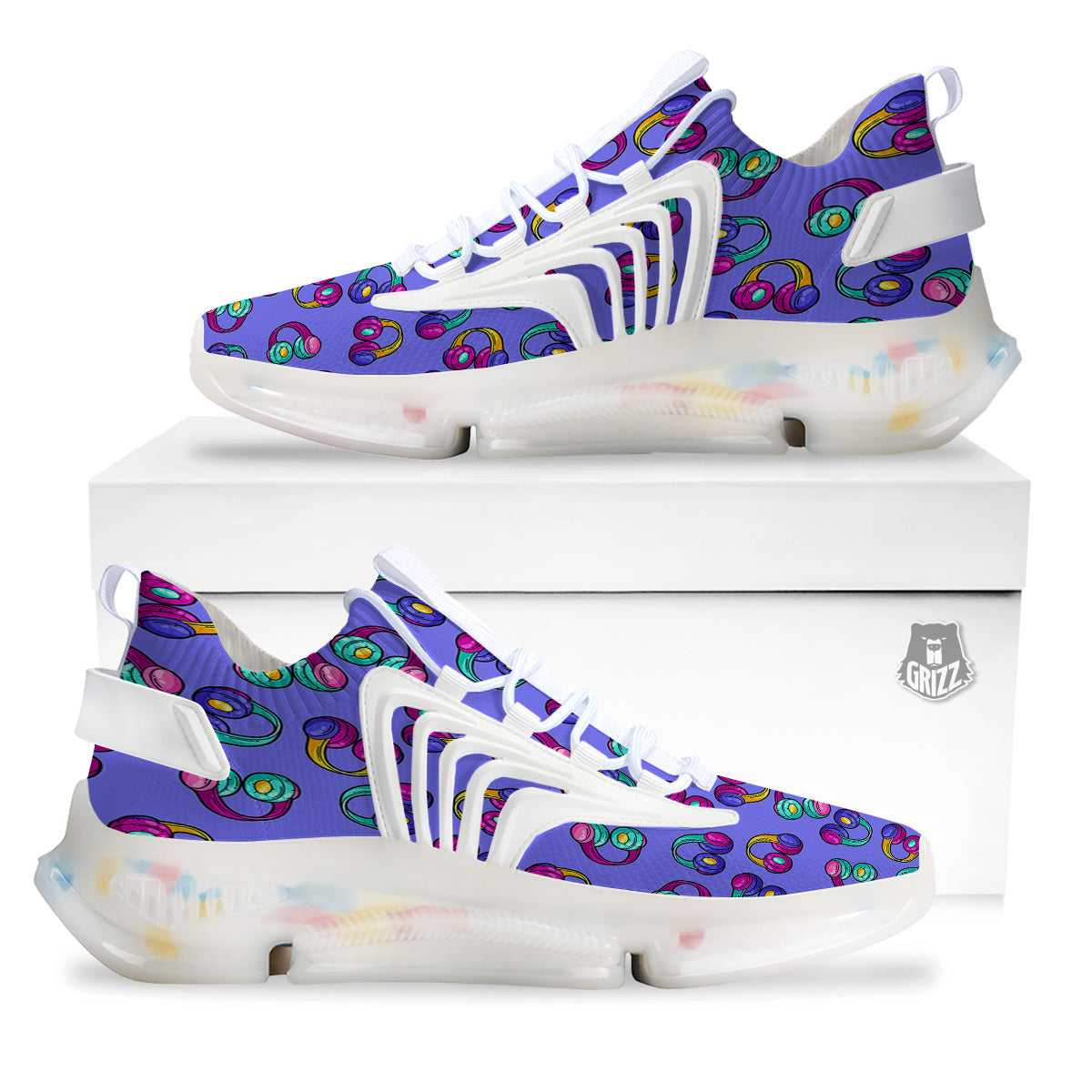 Purple Headphones Print Pattern White Gym Shoes-grizzshop