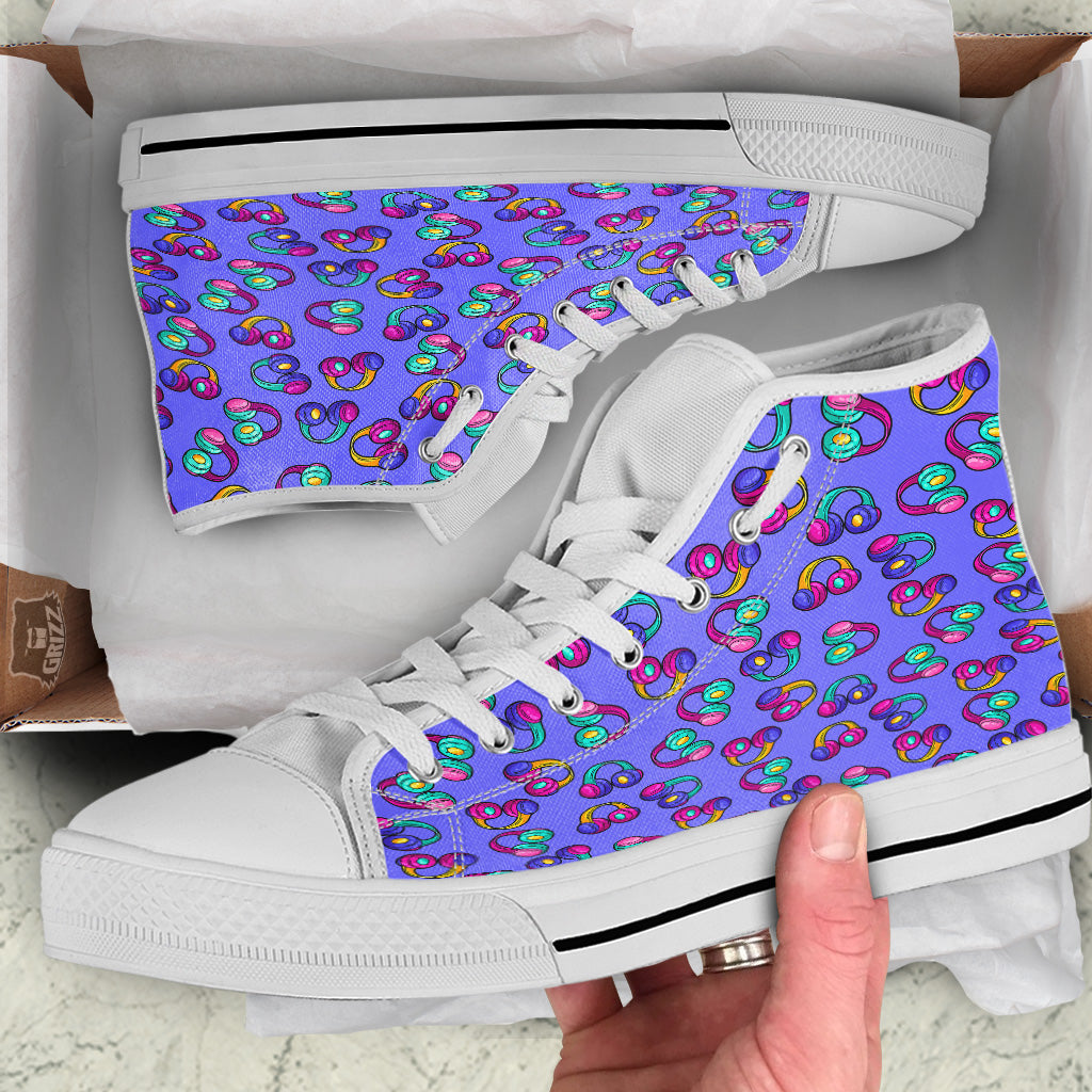 Purple Headphones Print Pattern White High Top Shoes-grizzshop