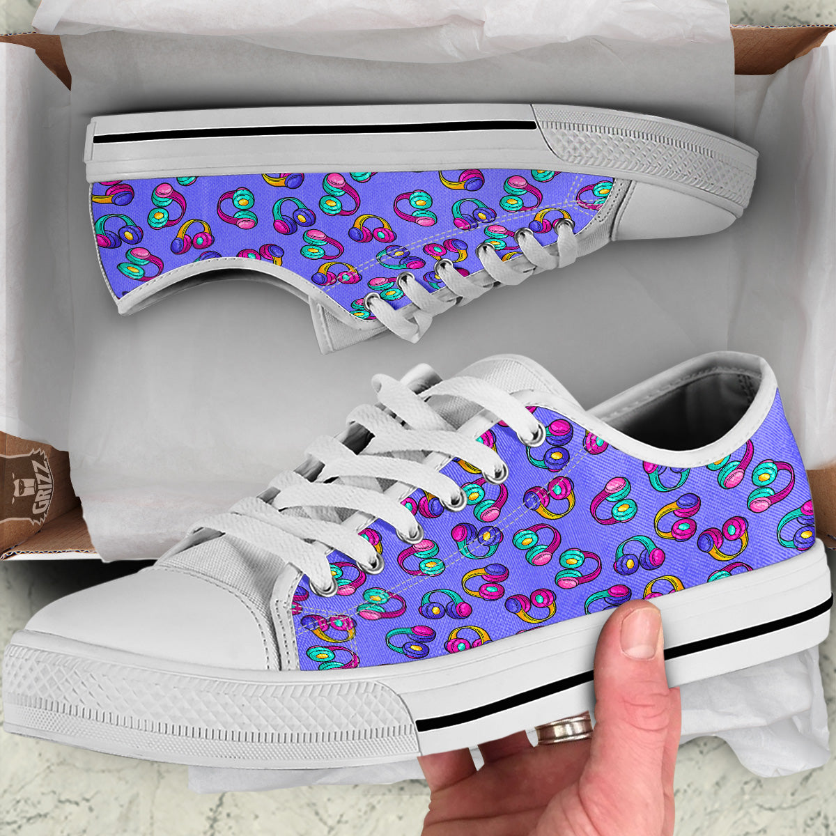 Purple Headphones Print Pattern White Low Top Shoes-grizzshop