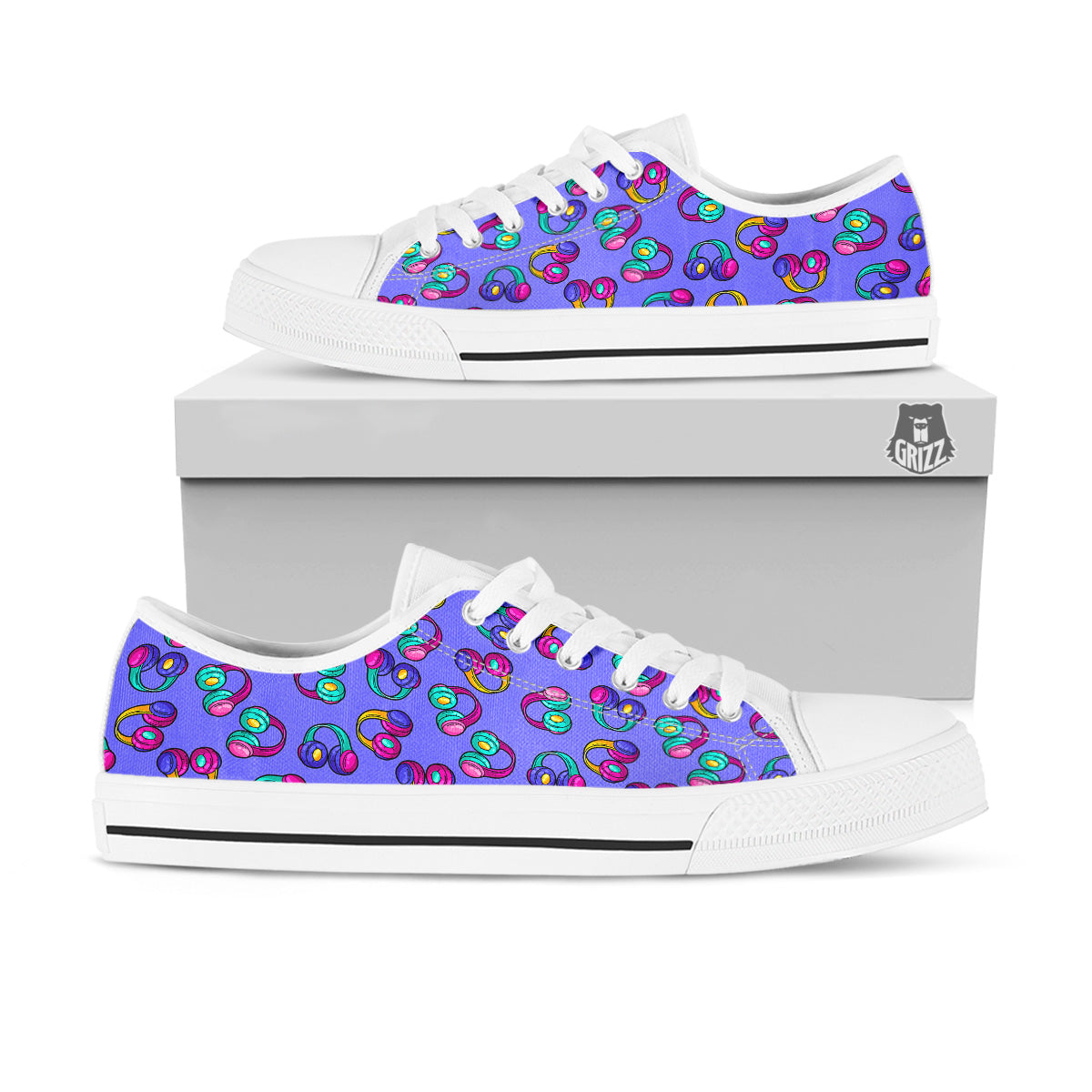 Purple Headphones Print Pattern White Low Top Shoes-grizzshop