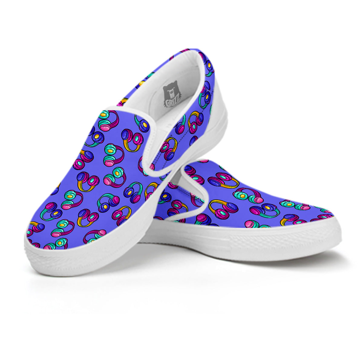 Purple Headphones Print Pattern White Slip On Shoes-grizzshop