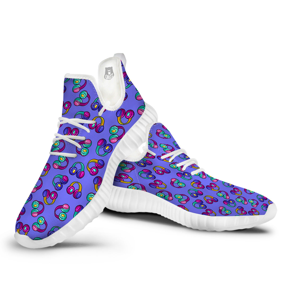 Purple Headphones Print Pattern White Walking Shoes-grizzshop
