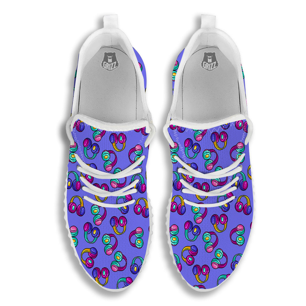 Purple Headphones Print Pattern White Walking Shoes-grizzshop