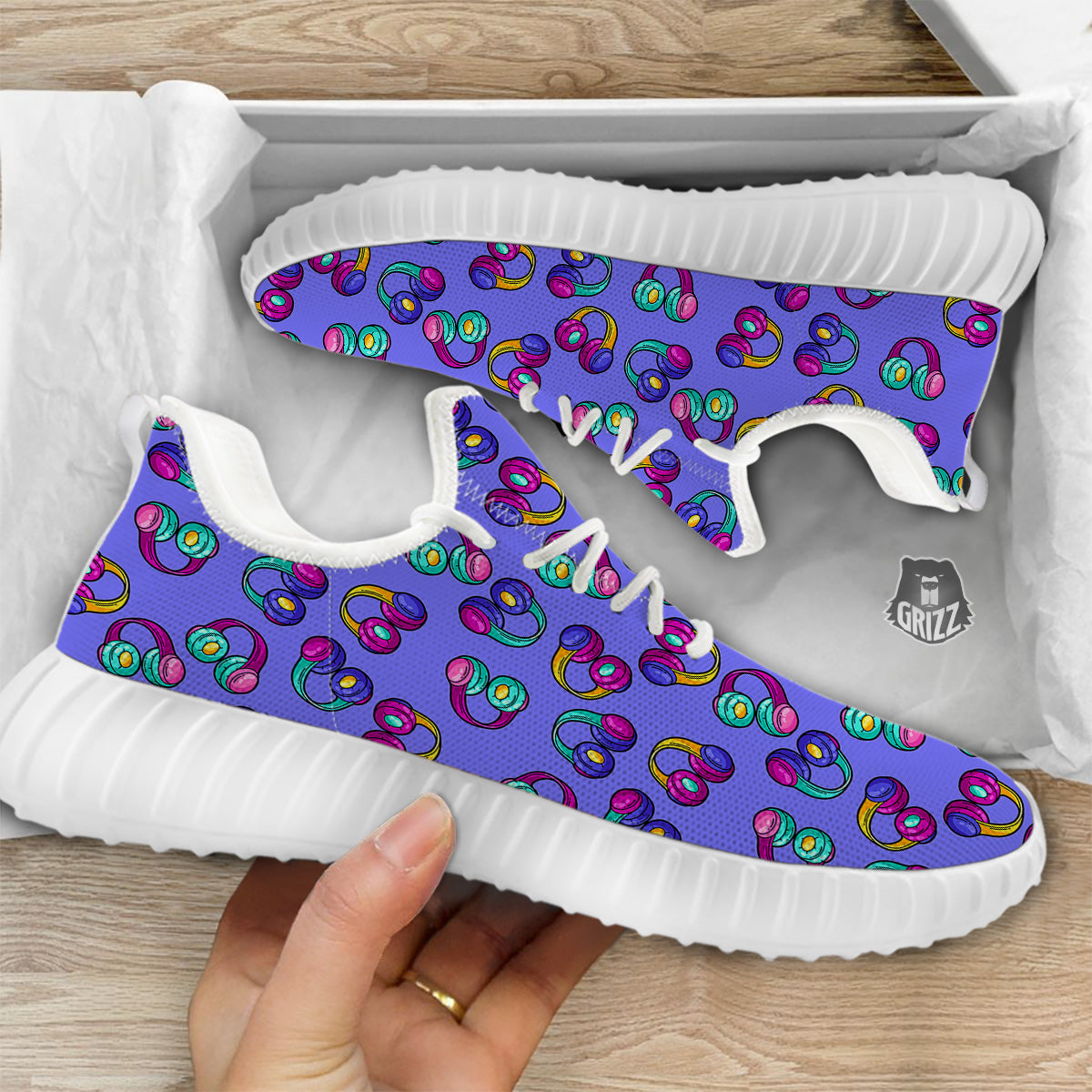 Purple Headphones Print Pattern White Walking Shoes-grizzshop