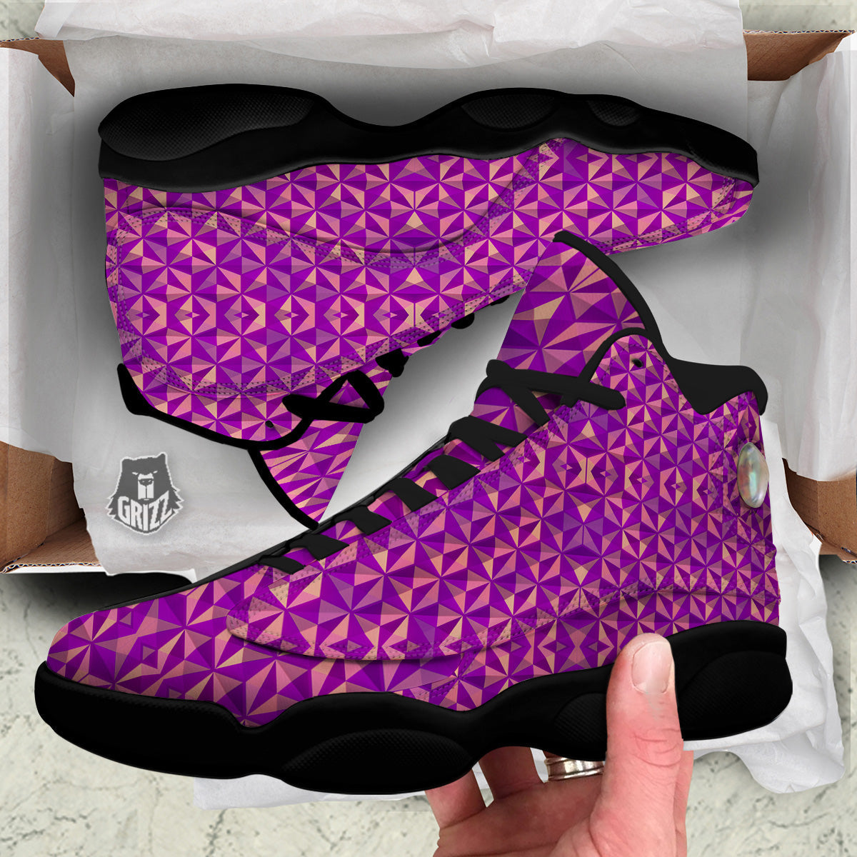 Purple Hexagonal Shape Print Pattern Black Basketball Shoes-grizzshop