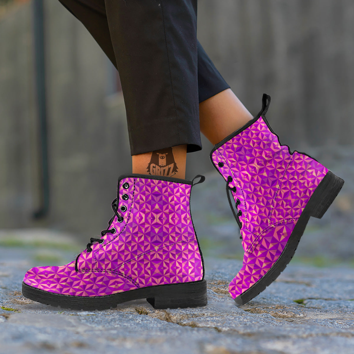 Purple Hexagonal Shape Print Pattern Leather Boots-grizzshop