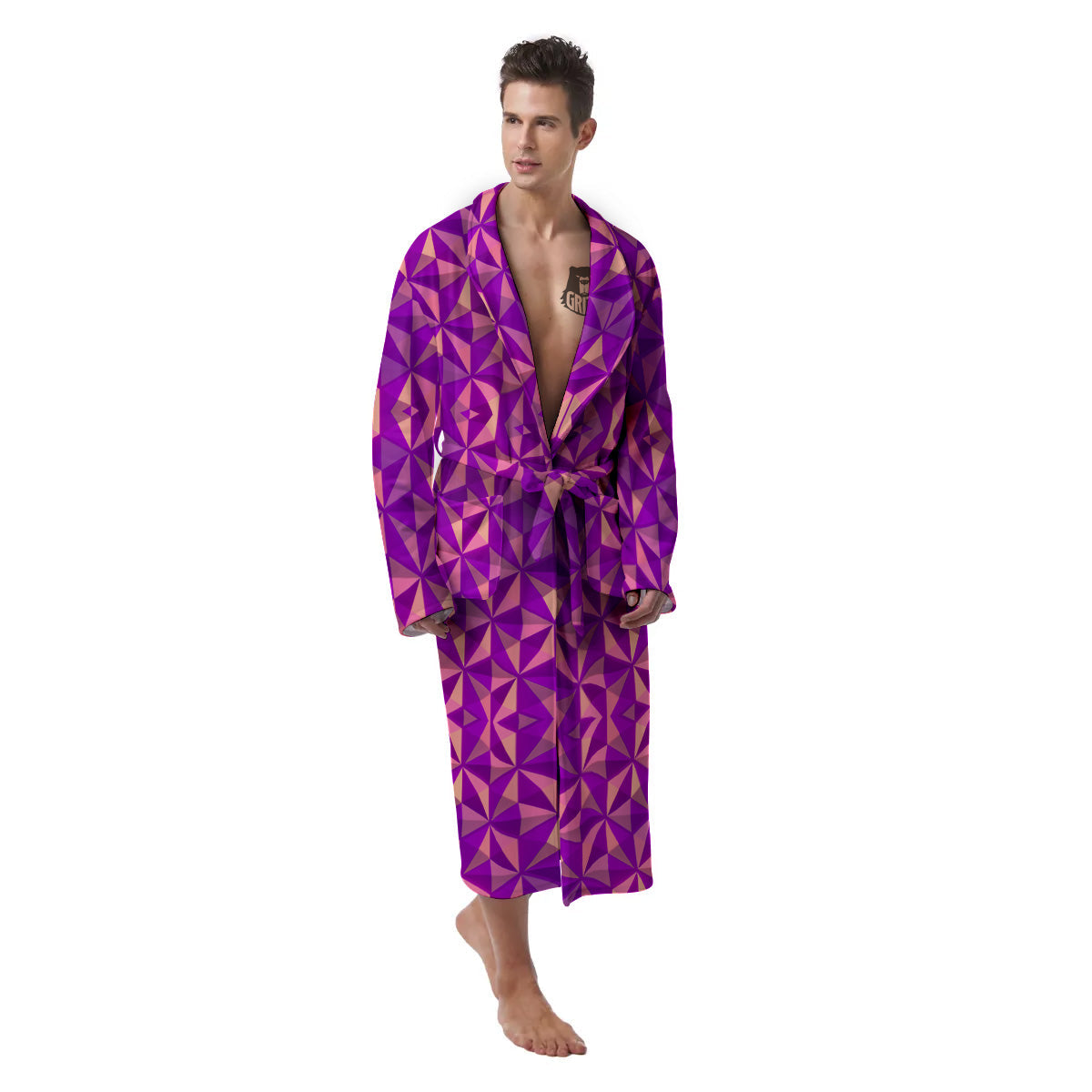 Purple Hexagonal Shape Print Pattern Men's Robe-grizzshop
