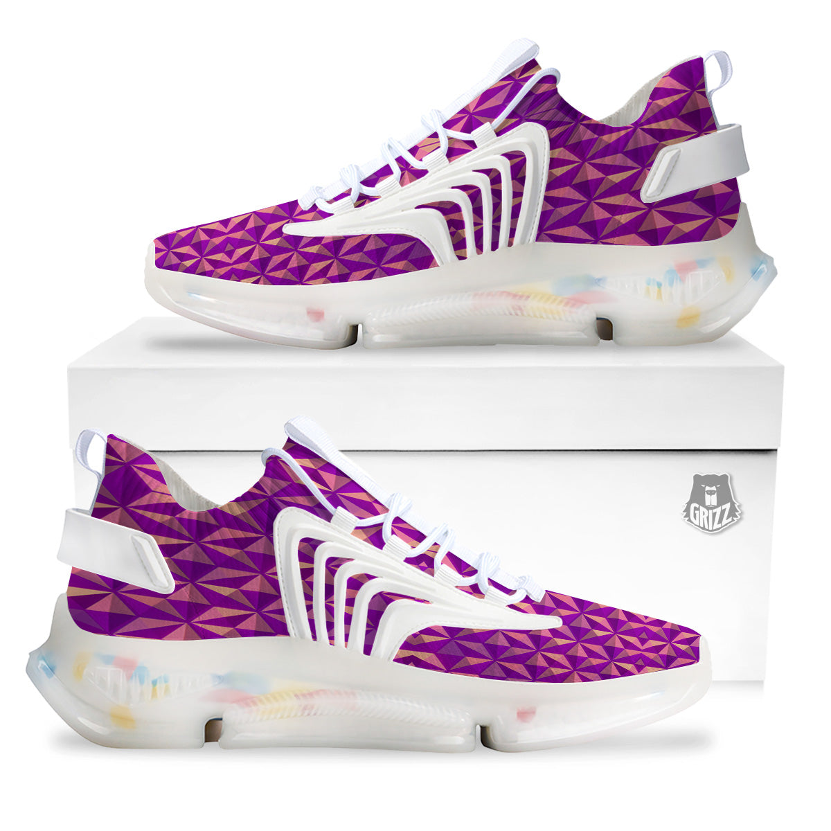 Purple Hexagonal Shape Print Pattern White Gym Shoes-grizzshop