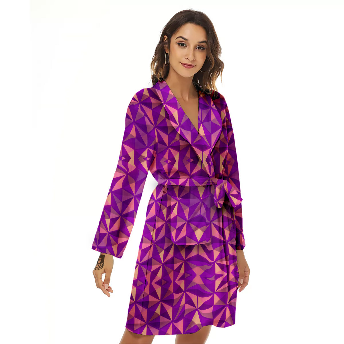 Purple Hexagonal Shape Print Pattern Women's Robe-grizzshop