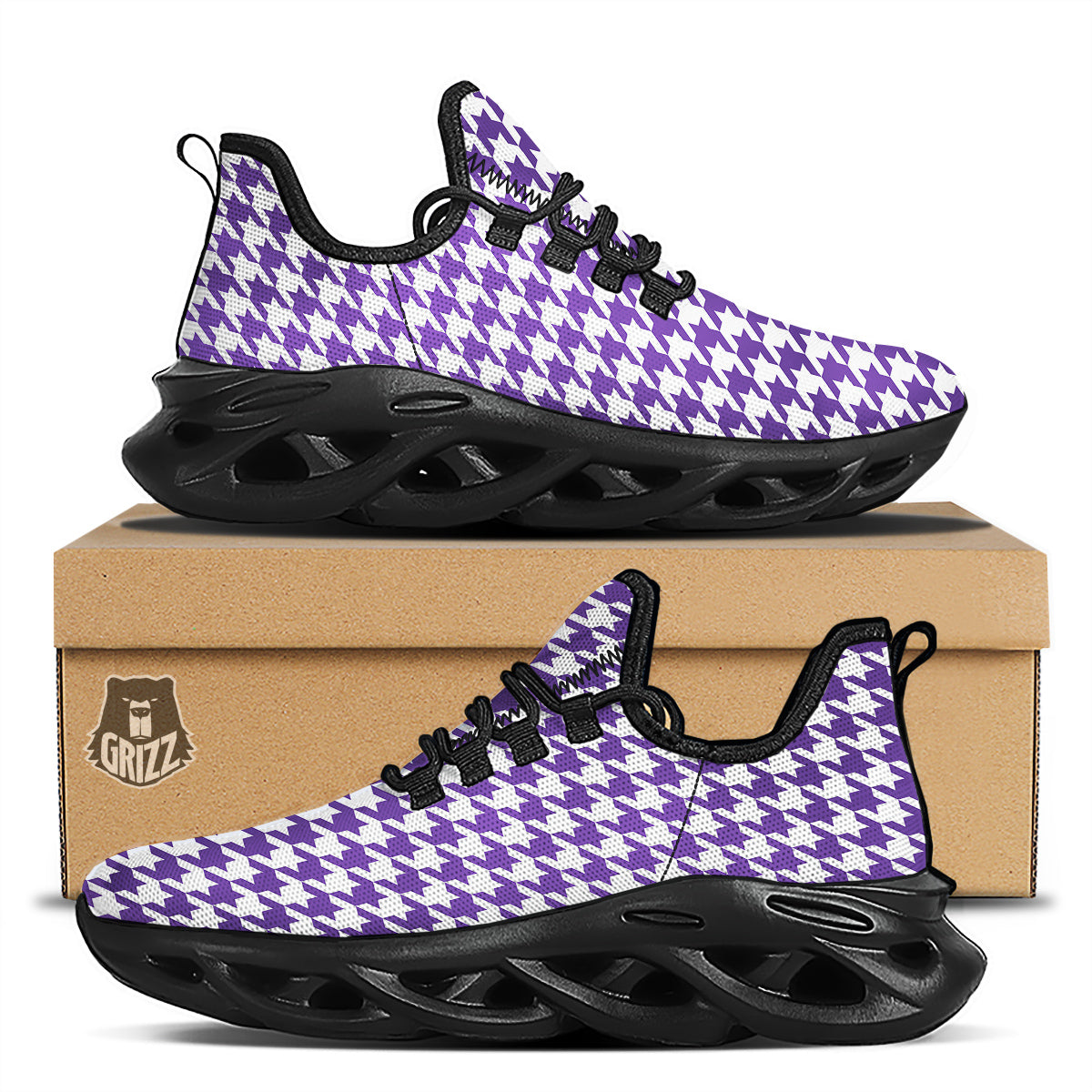 Purple Houndstooth Print Black Running Shoes-grizzshop