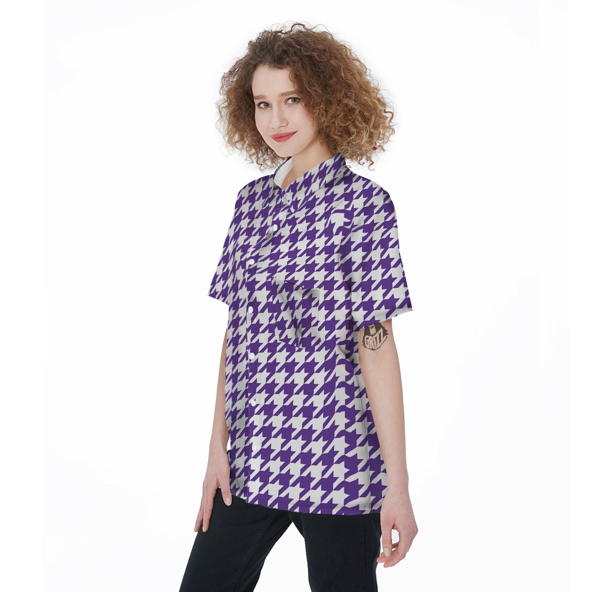 Purple Houndstooth Print Women's Short Sleeve Shirts-grizzshop