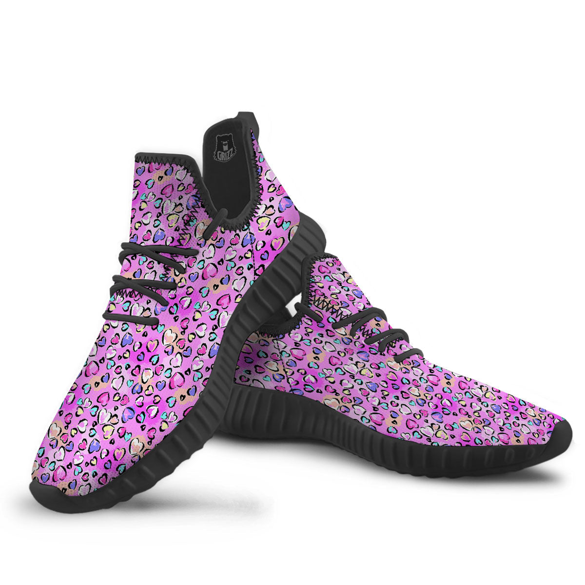 Purple Leopard Heart Colorful Print Pattern Black Walking Shoes-grizzshop