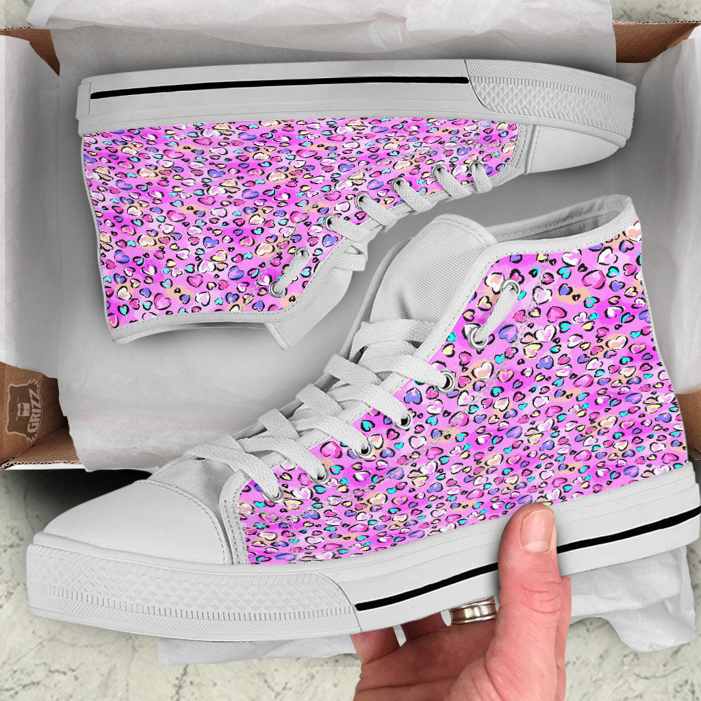 Purple Leopard Heart Colorful Print Pattern White High Top Shoes-grizzshop