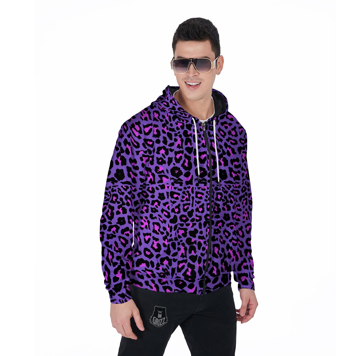 Purple Leopard Men's Zip Up Hoodie-grizzshop