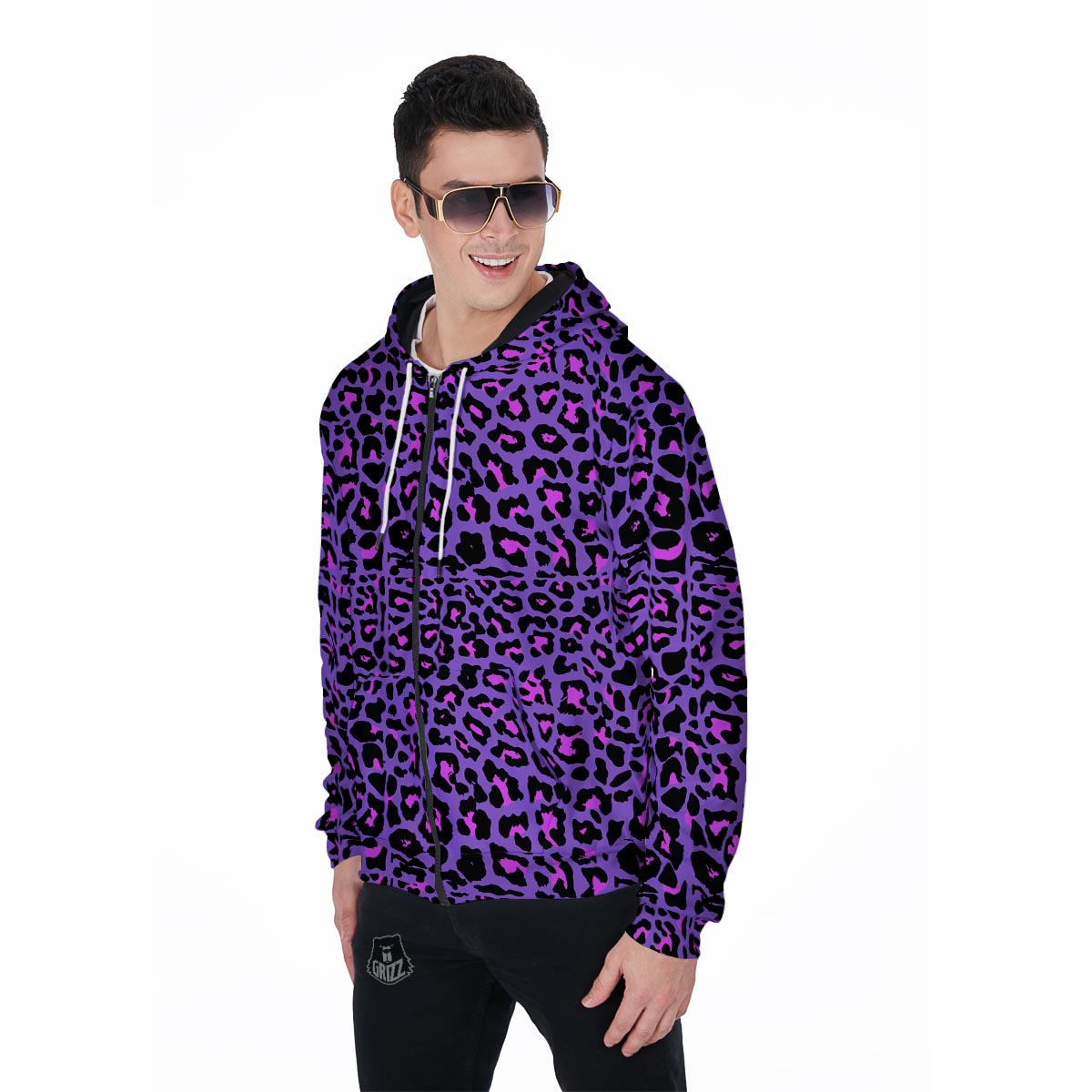 Purple Leopard Men's Zip Up Hoodie-grizzshop