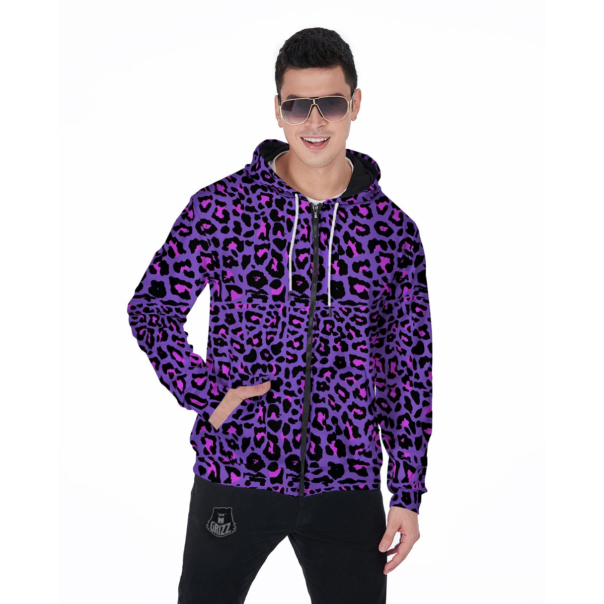 Purple Leopard Men's Zip Up Hoodie-grizzshop