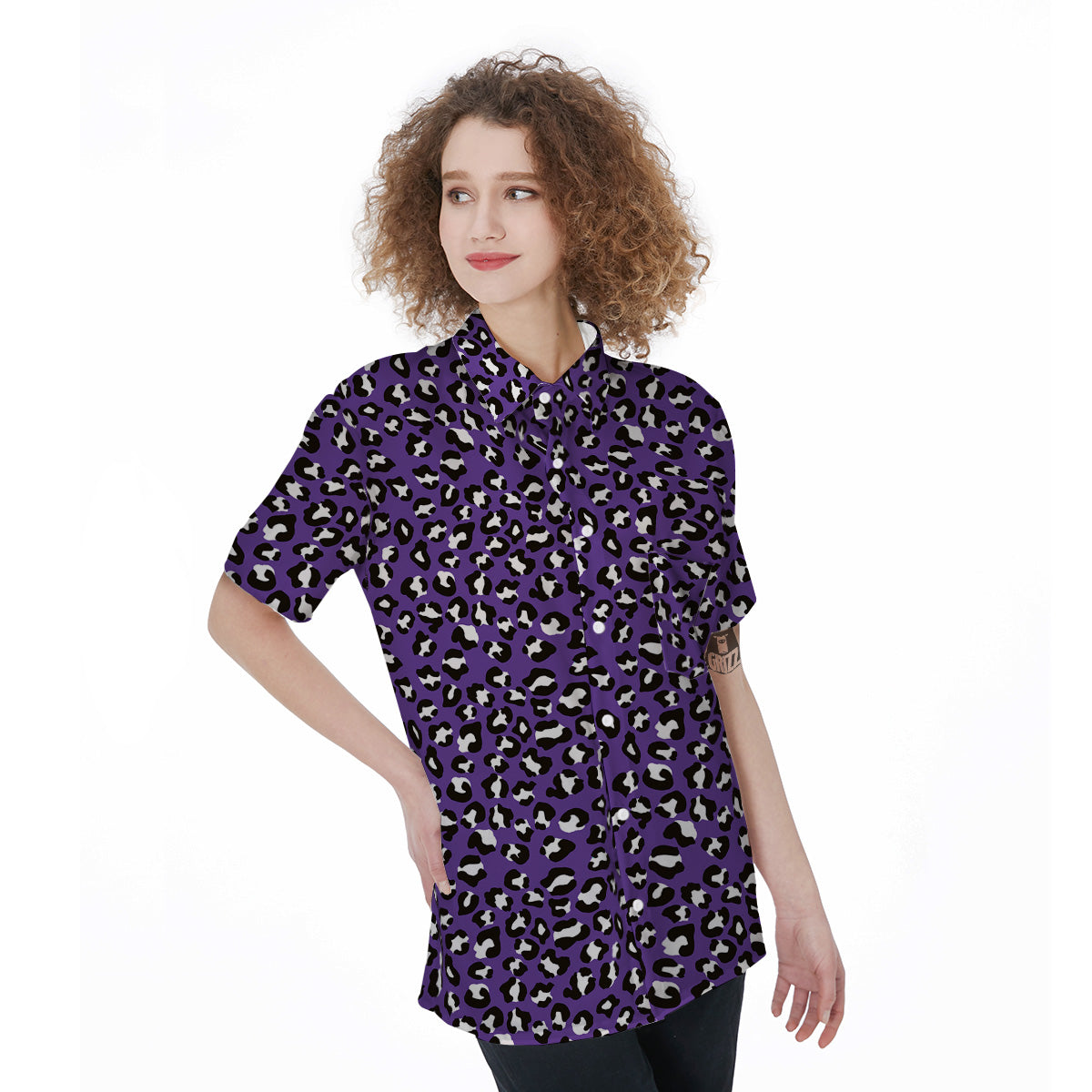 Purple Leopard Print Pattern Women's Short Sleeve Shirts-grizzshop