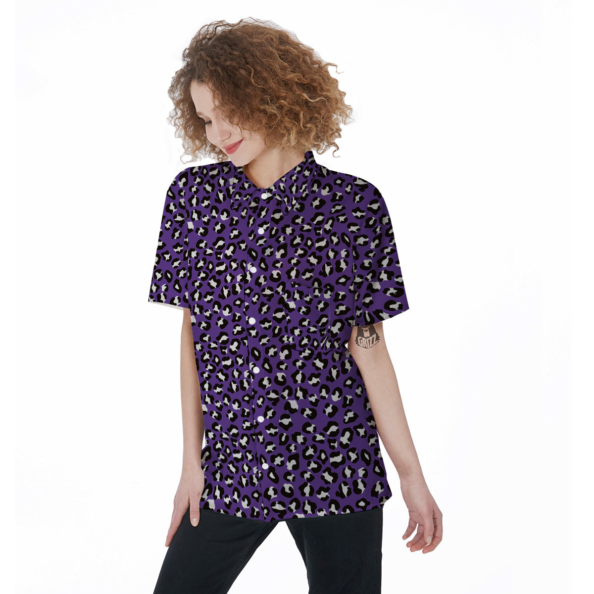 Purple Leopard Print Pattern Women's Short Sleeve Shirts-grizzshop