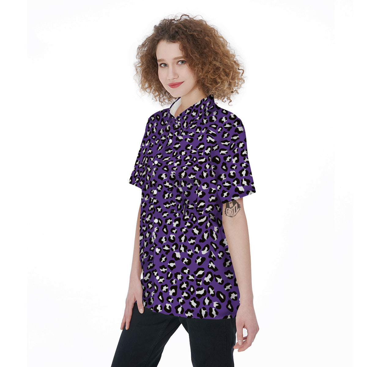 Purple Leopard Print Pattern Women's Short Sleeve Shirts-grizzshop