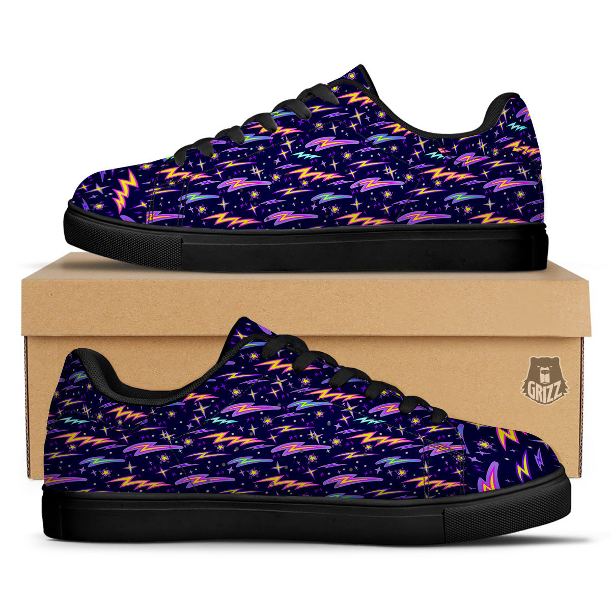 Purple Lightning Flashes Print Pattern Black Low Top Sneakers-grizzshop