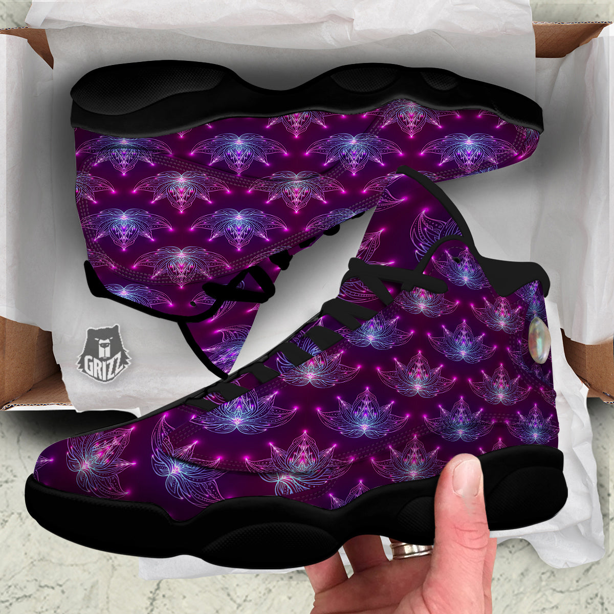 Purple Lotus Boho Print Pattern Black Basketball Shoes-grizzshop