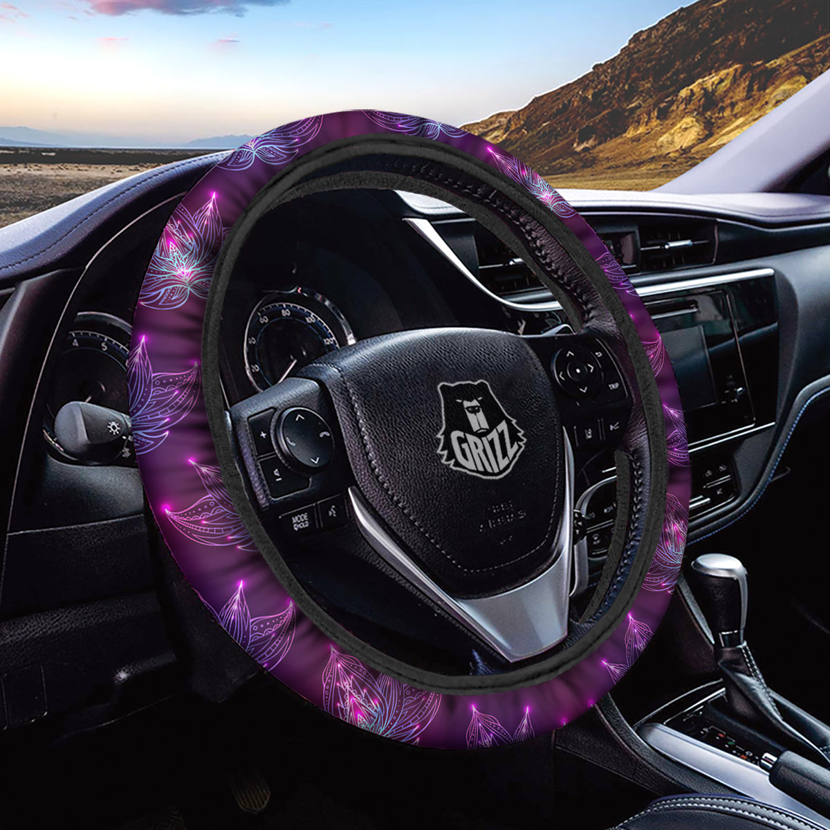 Purple Lotus Boho Print Pattern Car Steering Wheel Cover-grizzshop