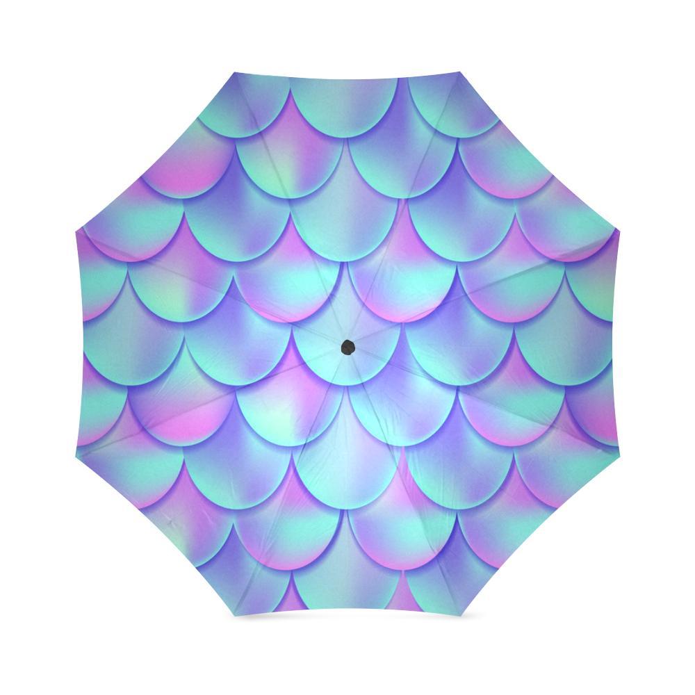 Purple Mermaid Teal Scales Pattern Print Foldable Umbrella-grizzshop