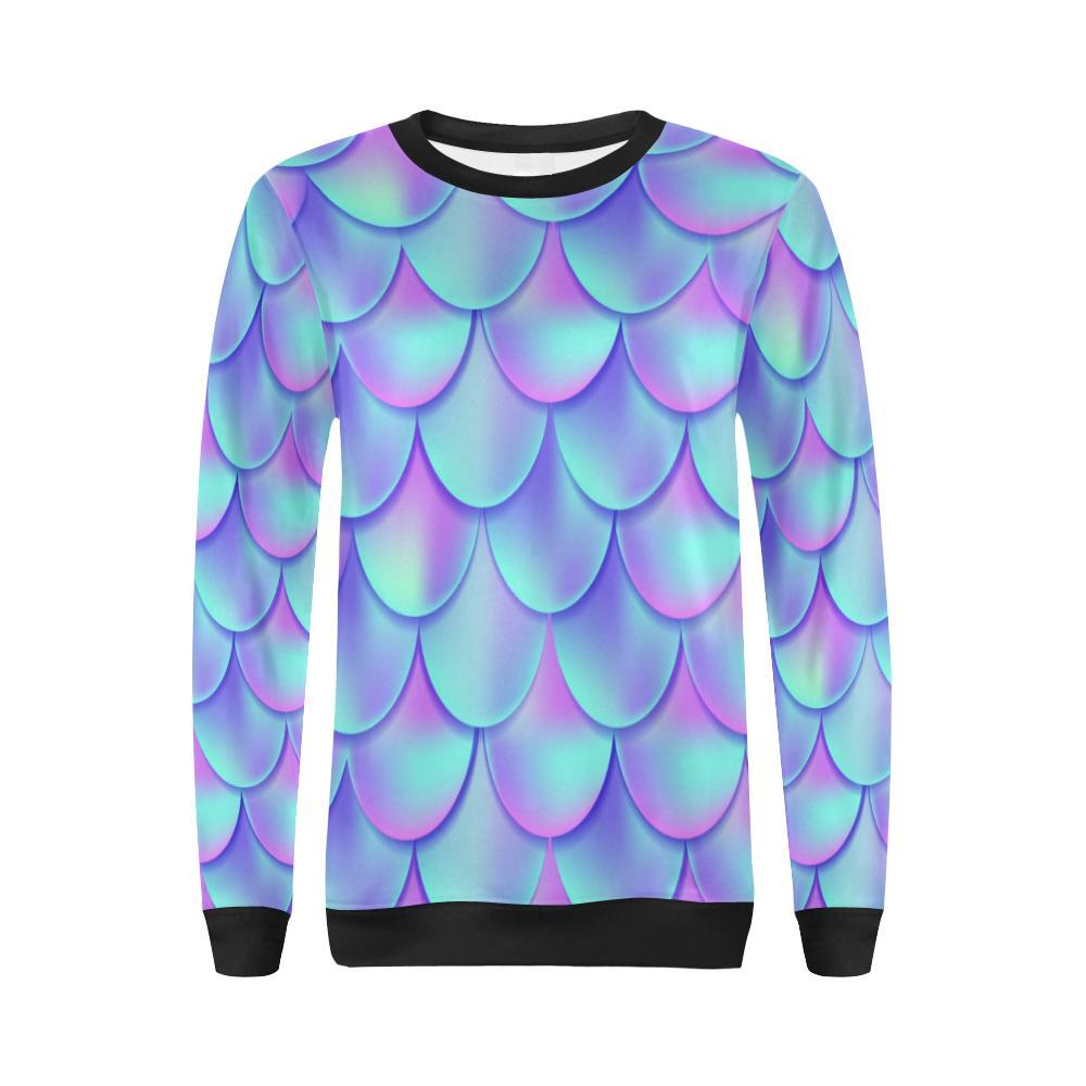 Purple Mermaid Teal Scales Pattern Print Women Crewneck Sweatshirt-grizzshop