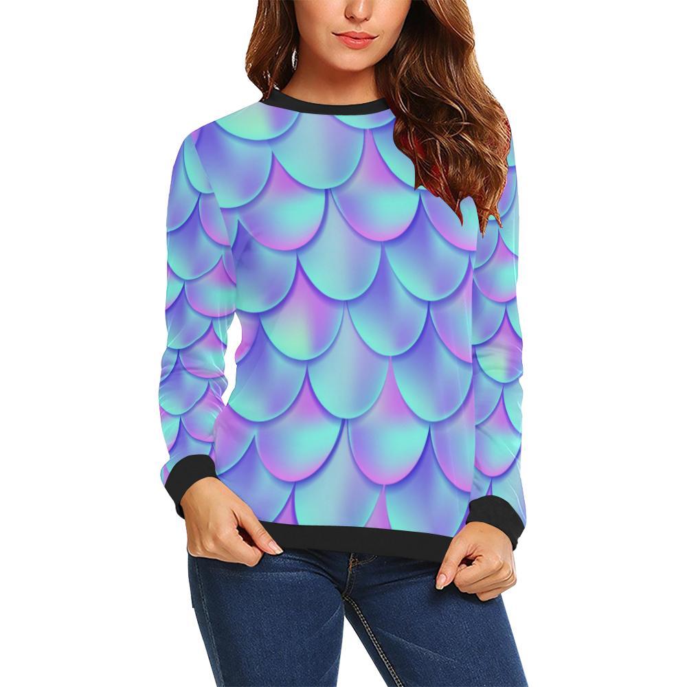 Purple Mermaid Teal Scales Pattern Print Women Crewneck Sweatshirt-grizzshop