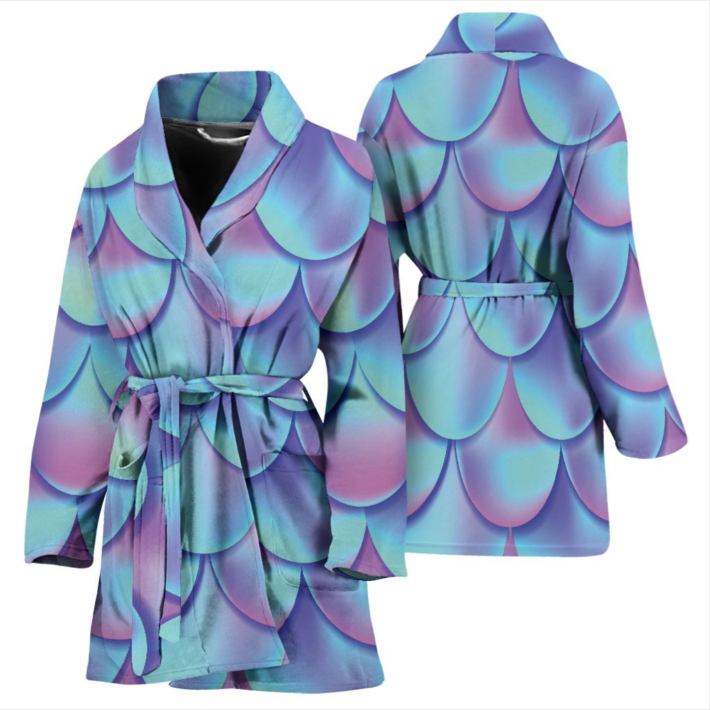 Purple Mermaid Teal Scales Pattern Print Women Long Robe-grizzshop